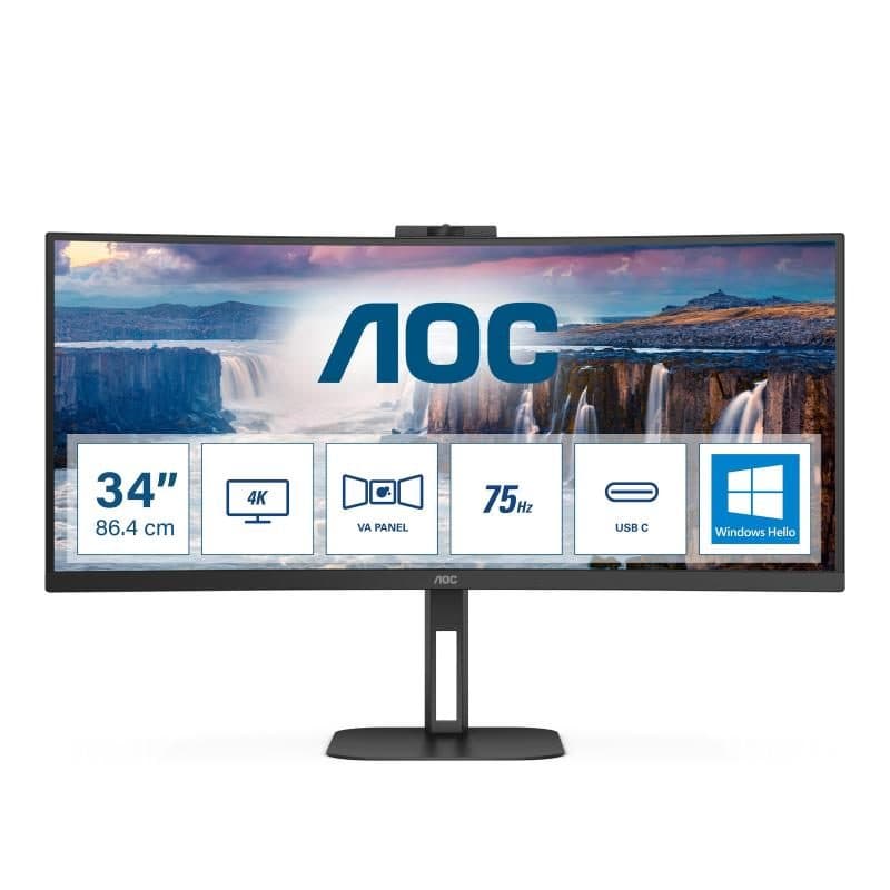 Monitor curvo 34 pollici LED Wide Quad HD 3440 x 1440 21:9 1 ms 100 Hz FreeSync altoparlanti hub USB nero - AOC CU34V5C/BK