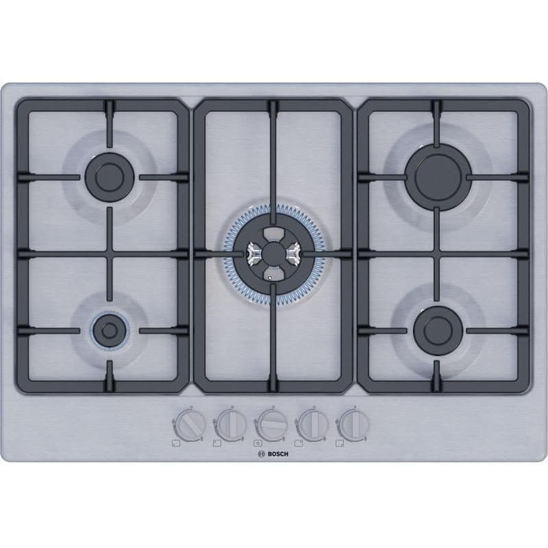 Piano cottura a gas 4 fuochi FlameSelect con griglie in ghisa 60 cm inox - Bosch Serie 4 PGQ7B5K90