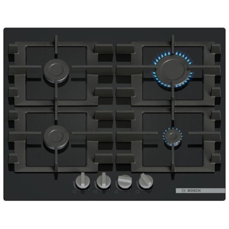 Piano cottura a gas in vetro temperato 60 cm 4 fuochi con griglie in ghisa nero - Bosch Serie 4 PNP6B6K40