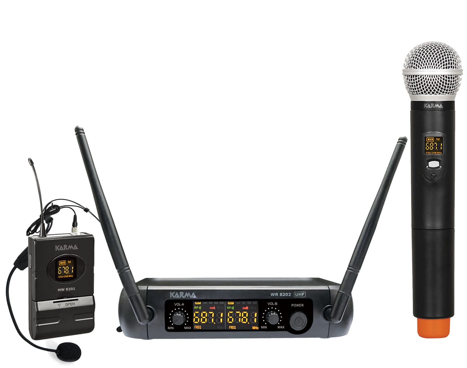 Doppio radiomicrofono UHF con palmare ed archetto - Karma SET 8202PL
