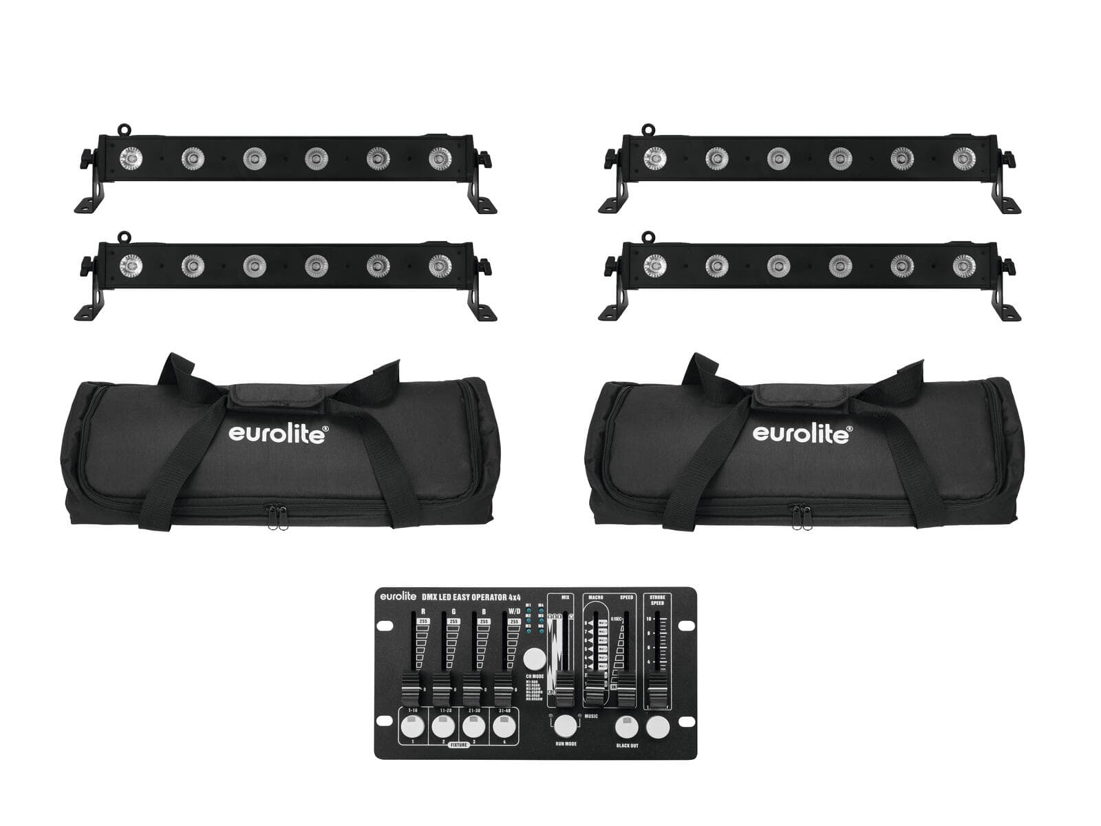 EUROLITE Set 4x LED BAR-6 QCL RGBW + 2 x custodie morbida + Controller - 20000405