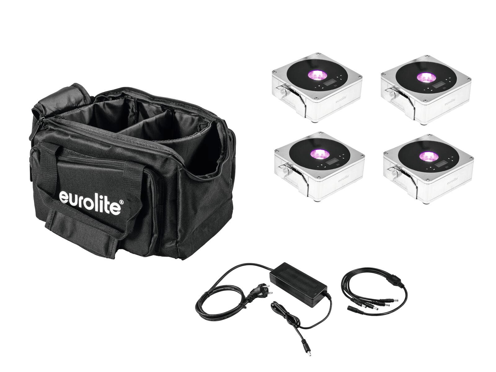EUROLITE Set 4x AKKU IP Flat Light 1 chrome + Custodia morbida + Caricatore - 20000444