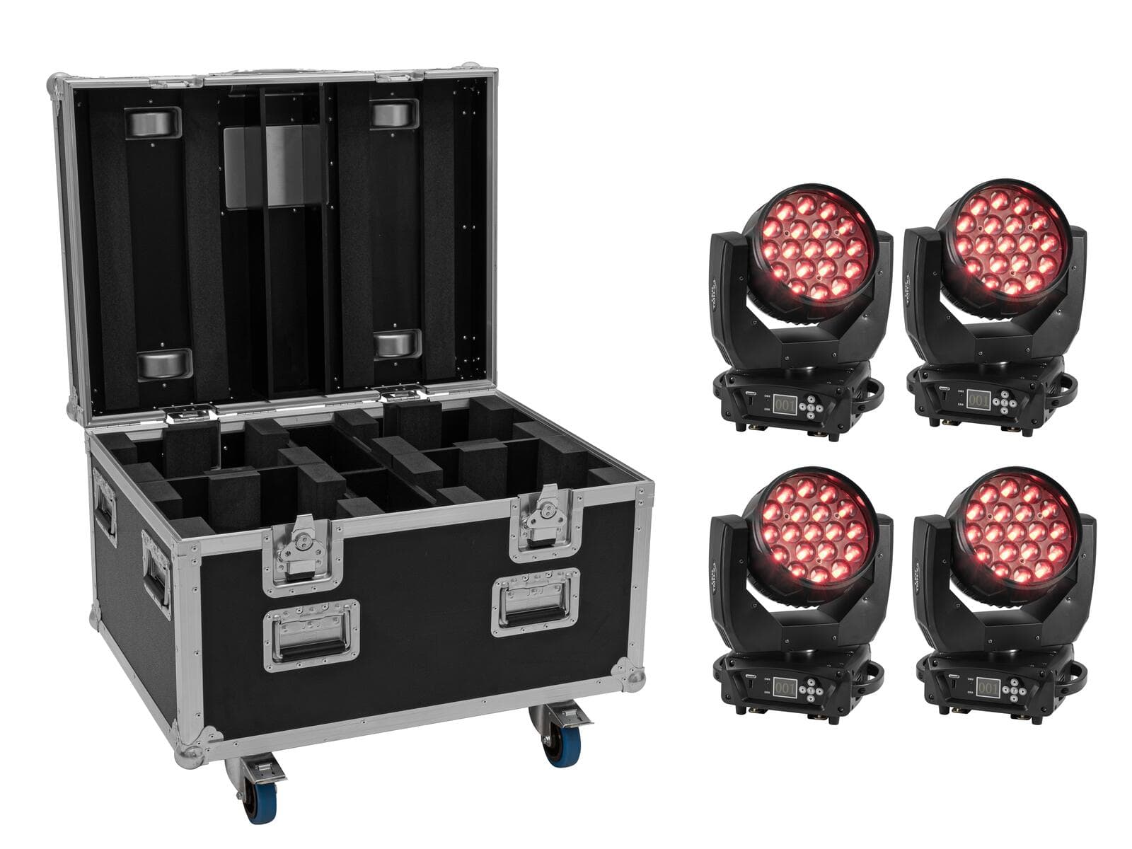 EUROLITE Set 4x LED TMH-X4 Moving Head Wash Zoom + Flightcase EU con ruote - 20000685