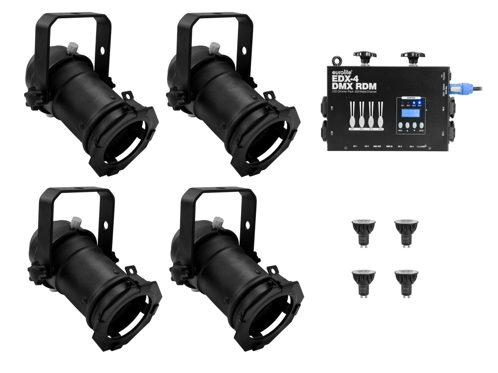 EUROLITE Set 4x PAR-16 Spot nero dim2warm + EDX-4 DMX RDM Dimmer Pack LED - 20000694