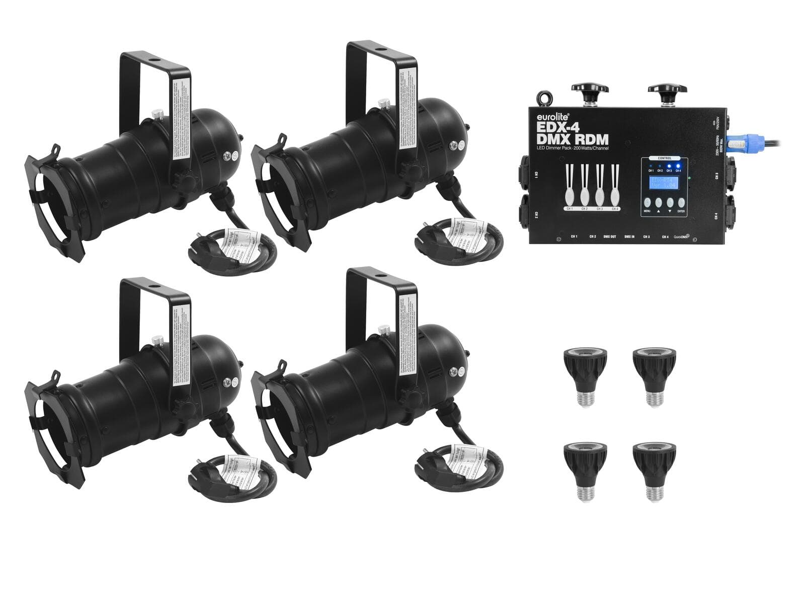 EUROLITE Set 4x PAR-20 Spot nero dim2warm + EDX-4 DMX RDM Dimmer LED - 20000695