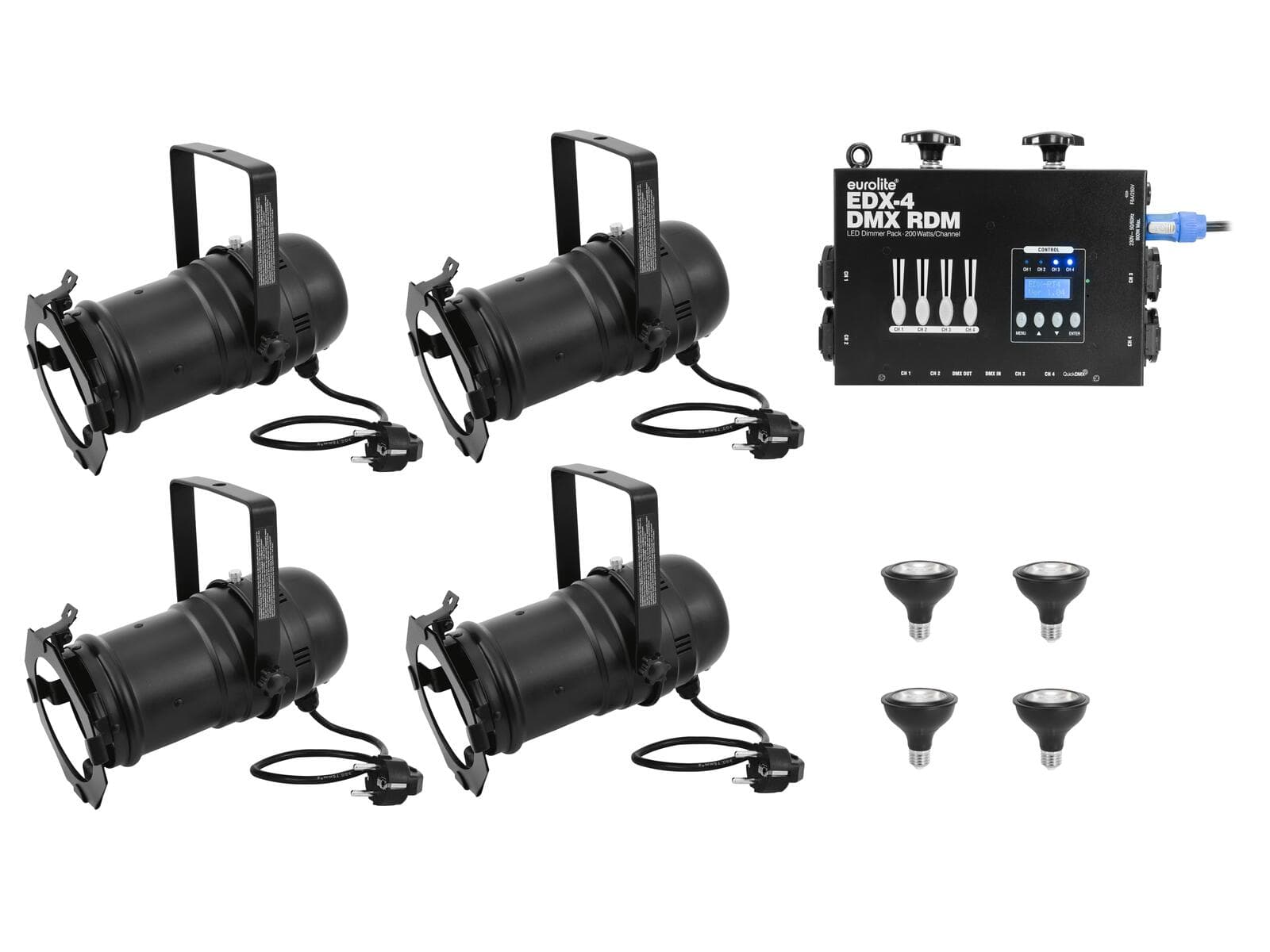 EUROLITE Set 4x PAR-30 Spot nero dim2warm + EDX-4 DMX RDM Dimmer Pack LED - 20000696