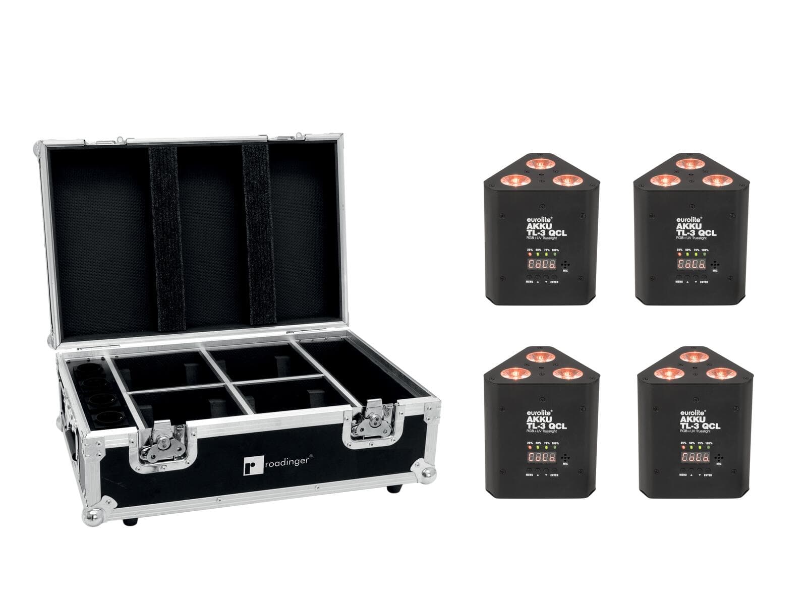 EUROLITE Set 4x AKKU TL-3 QCL RGB+UV Trusslight + Custodia con funzione di ricarica - 20000854