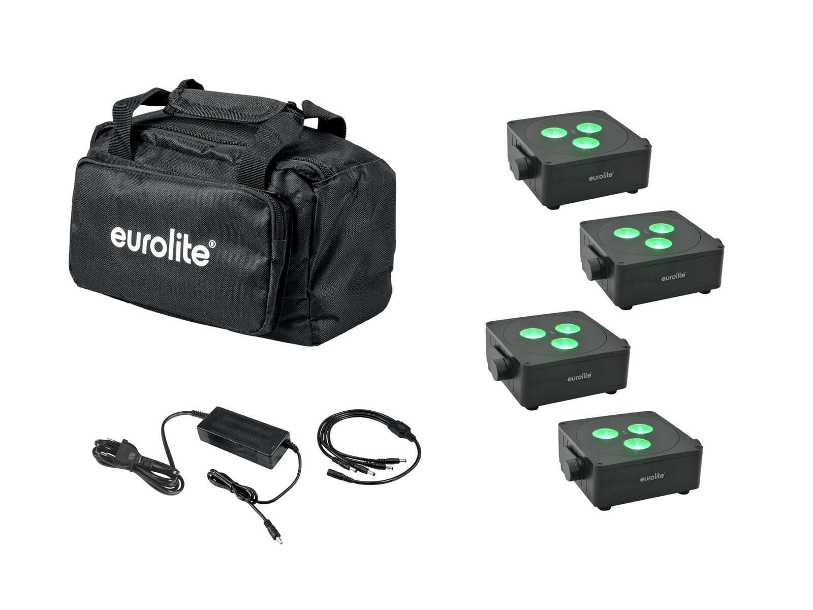 EUROLITE Set 4x AKKU IP Flat Light 3 bk + Caricatore + Borsa morbida - 20000860