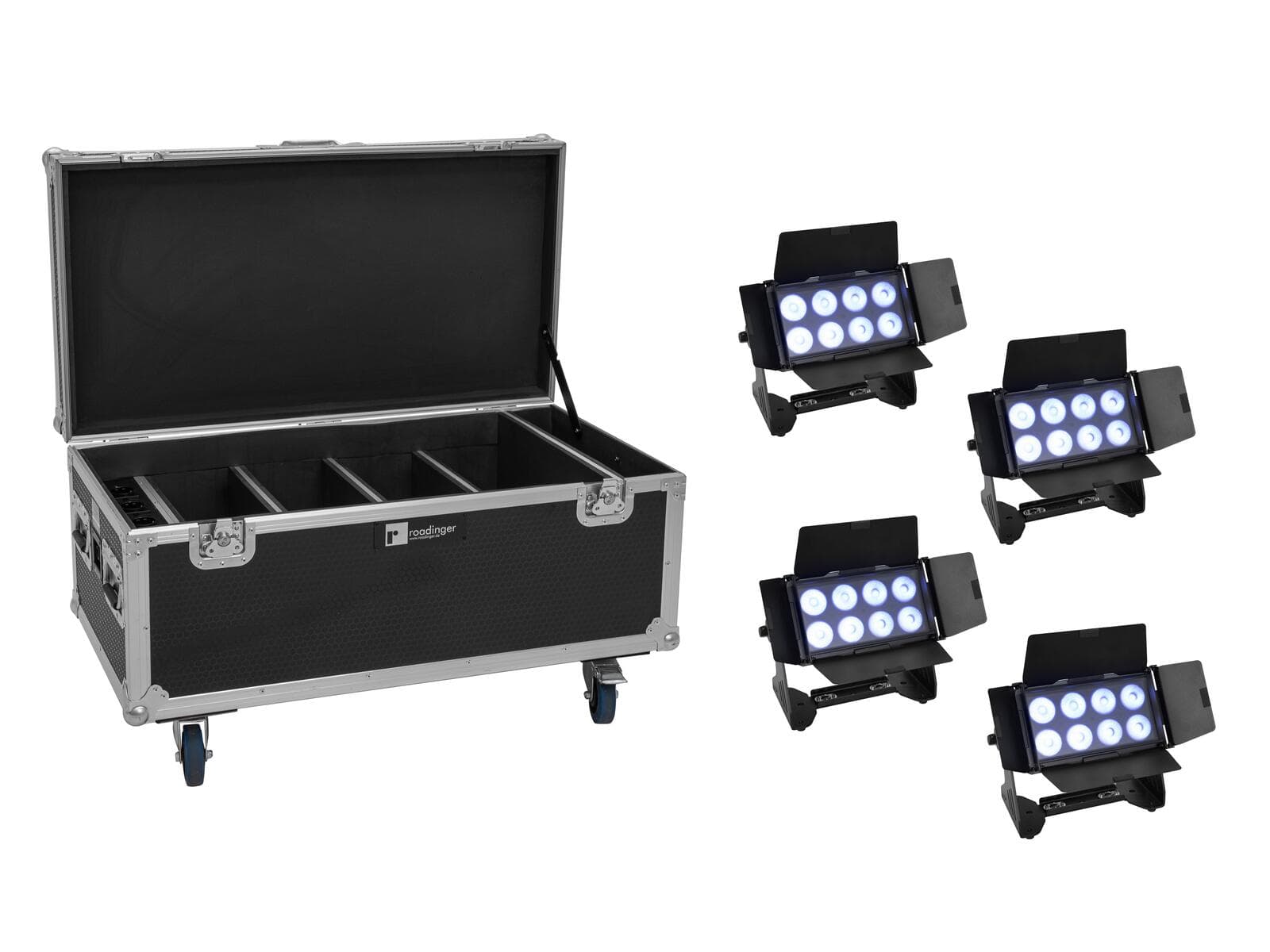 EUROLITE Set 4x AKKU Multiflood IP 8x10W RGBW Wash CRMX + Custodia con funzione di ricarica - 20000999