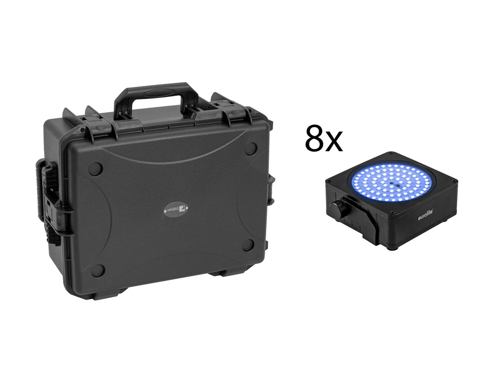 EUROLITE Set 8x Flat Light LED AKKU IP SMD nero + custodia in plastica con trolley - 20001046