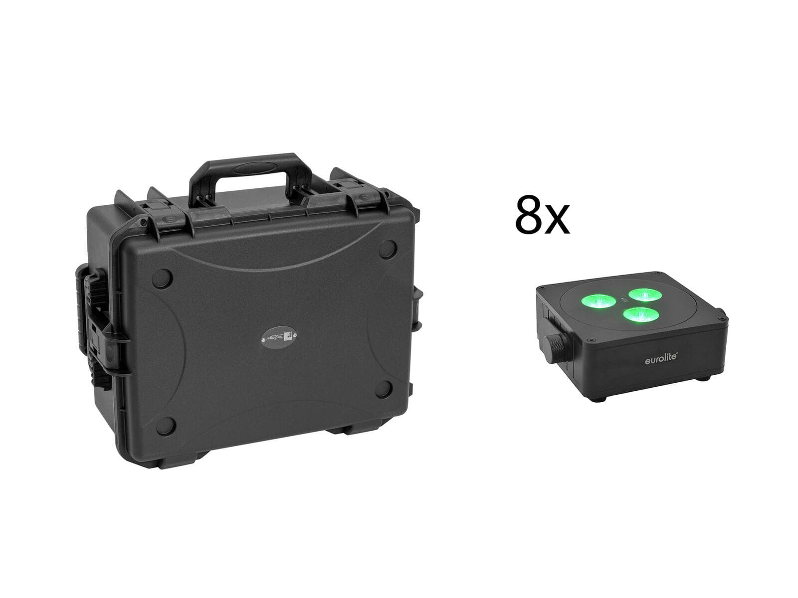 EUROLITE Set 8x Flat Light LED AKKU IP 3 nero + custodia in plastica con trolley - 20001047