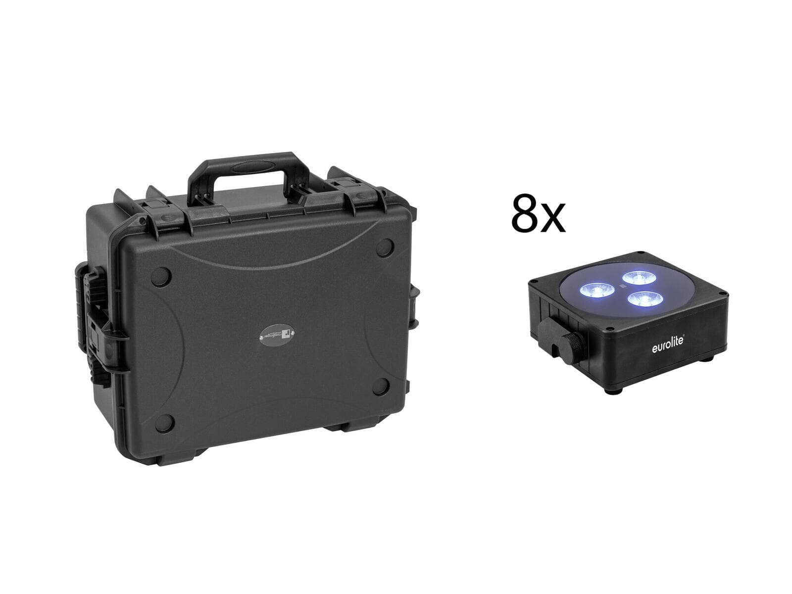 EUROLITE Set 8x Flat Light LED AKKU 3 nero + custodia in plastica con trolley - 20001048