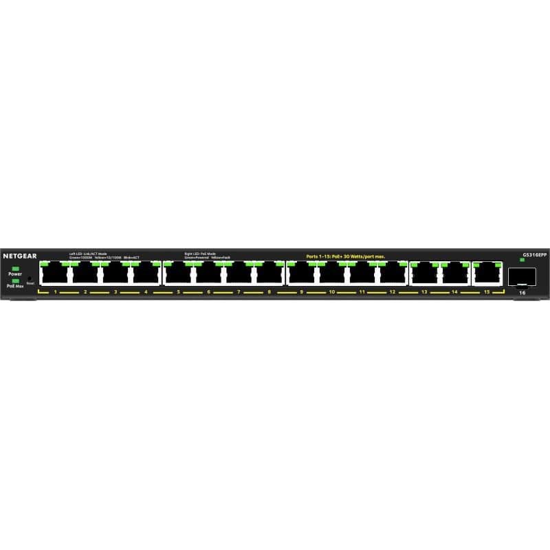 Switch Ethernet Plus 16 porte PoE+ Gigabit ad alta potenza (231 W) con 1 porta SFP gestito - NETGEAR GS316EPP