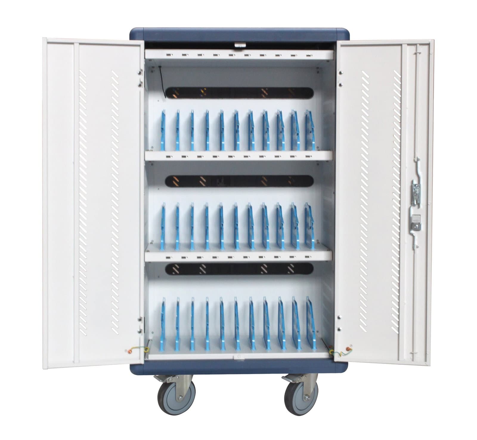 Carrello Stazione di Ricarica USB Ventilato per 30 Notebook/Tablet/Smartphone Bianco/Blu - Techly Professional I-CABINET-30DUTY