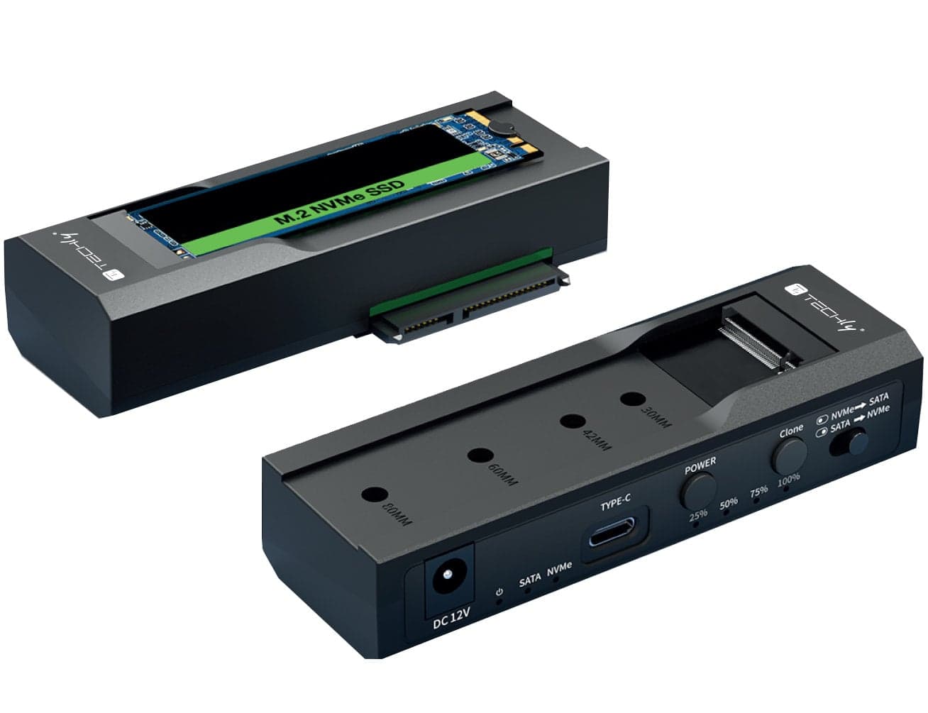 Adattatore/Duplicatore per HDD/SSD SATA 2.5/3.5 e SSD NVMe M.2 - Techly I-CASE NVME-SATA
