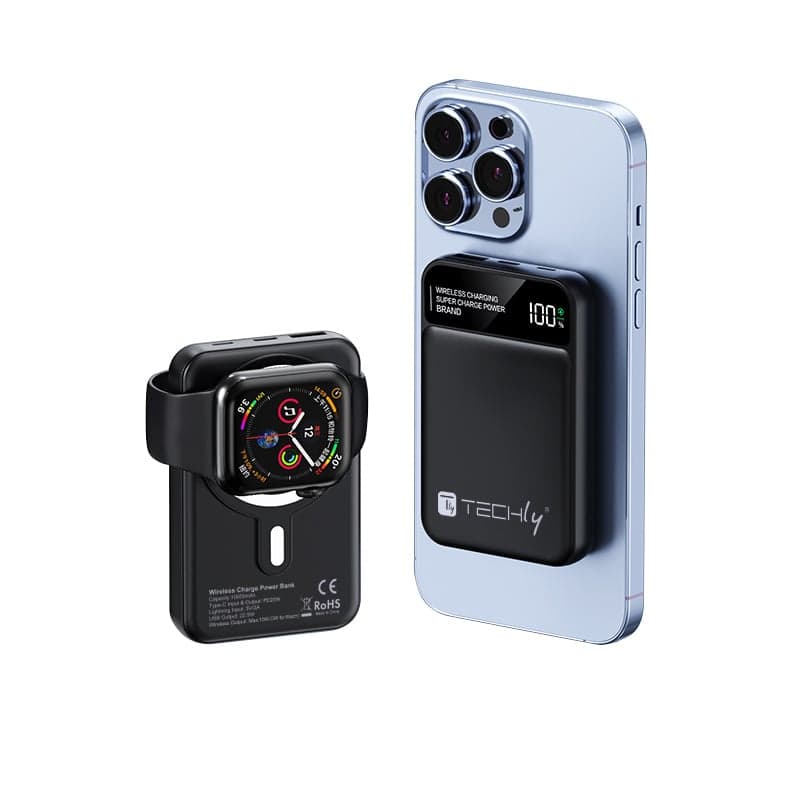 Power Bank Wireless Magnetico 3 in 1 con LED 10.000 mAh 22,5W Nero - Techly I-CHARGE-10LCDBK