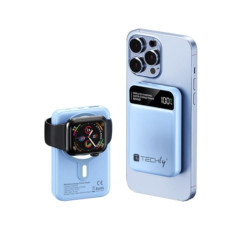 Power Bank Wireless Magnetico 3 in 1 con LED 10.000 mAh 22,5W Azzurro - Techly I-CHARGE-10LCDBL