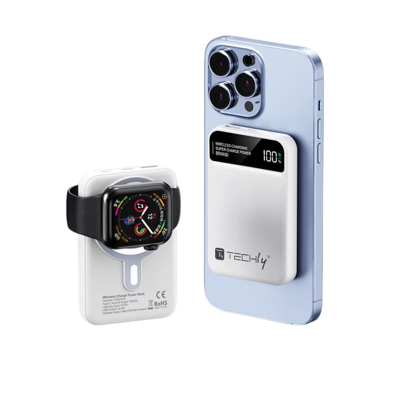 Power Bank Wireless Magnetico 3 in 1 con LED 10.000 mAh 22,5W Bianco - Techly I-CHARGE-10LCDWH