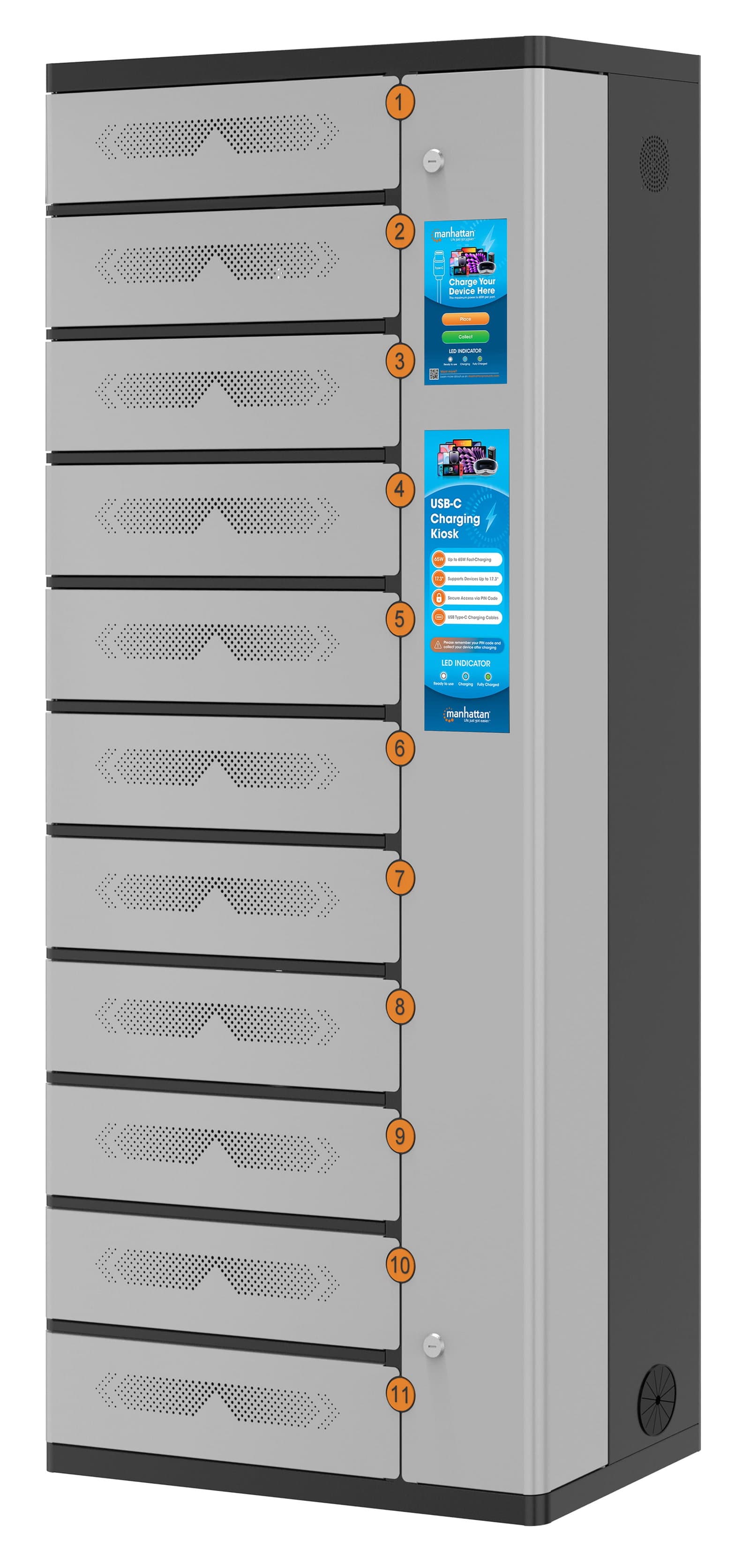 Armadio di Ricarica USB-C 11 Scomparti con Chiusura a PIN e Touchscreen 500W Grigio - Manhattan I-KIOSK-11USB-C