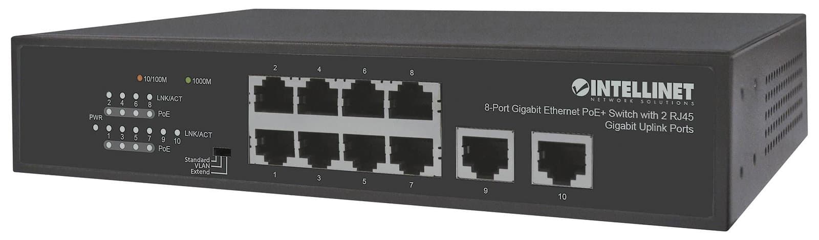 Switch Ethernet Gigabit 8 Porte PoE+ con 2 Porte Uplink - Intellinet I-SWHUB 8GP2U