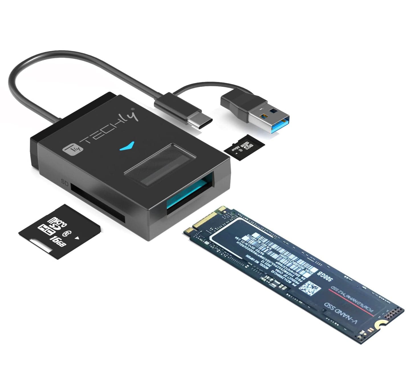 Adattatore USB-A/USB-C a NVMe/SATA M.2 con Lettore SD/TF - Techly IADAP USB32-SSDTF