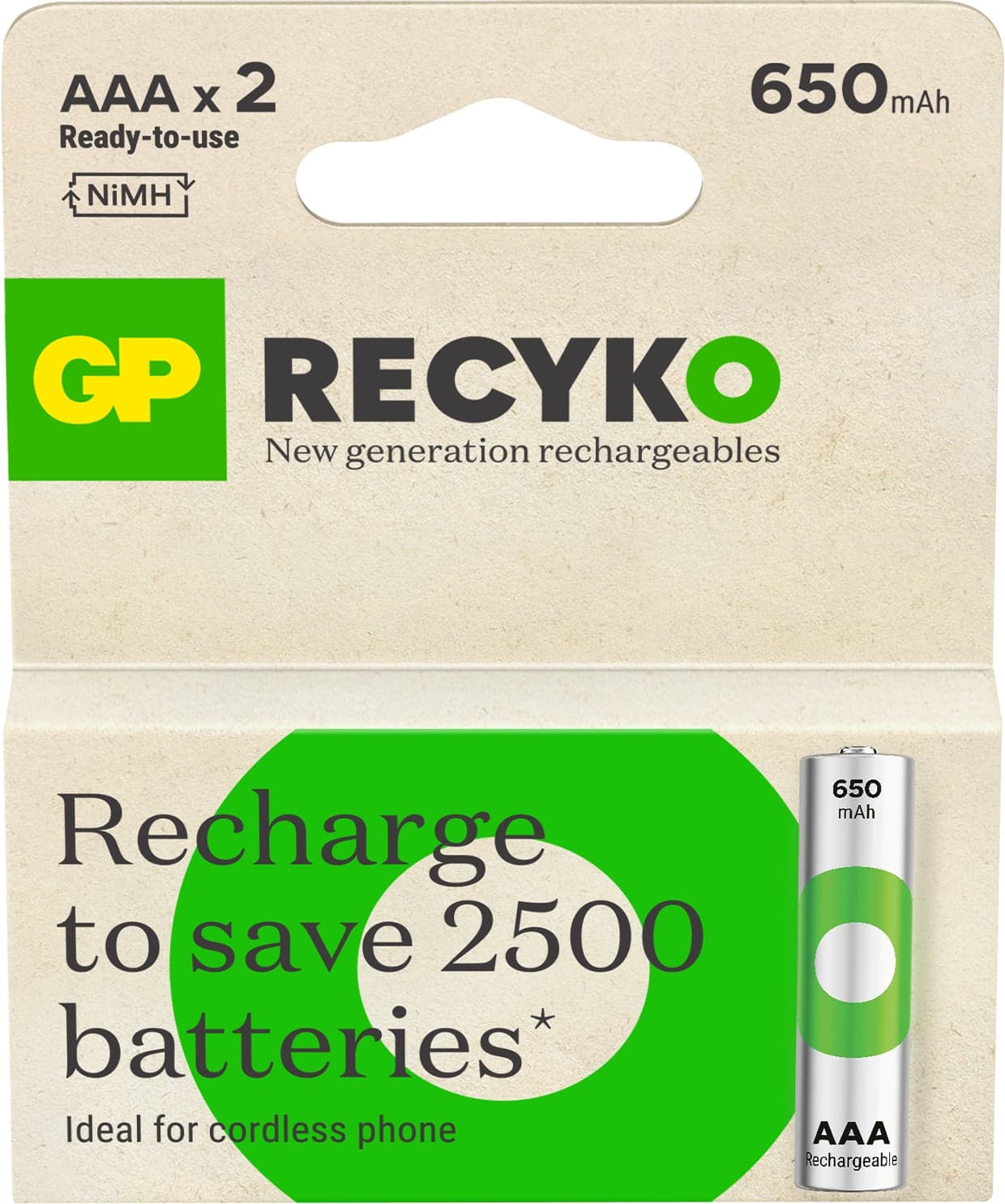 Blister 2 Batterie Ricaricabili Mini Stilo AAA 650 mAh GP Recyko - GP Batteries IC-GP201248