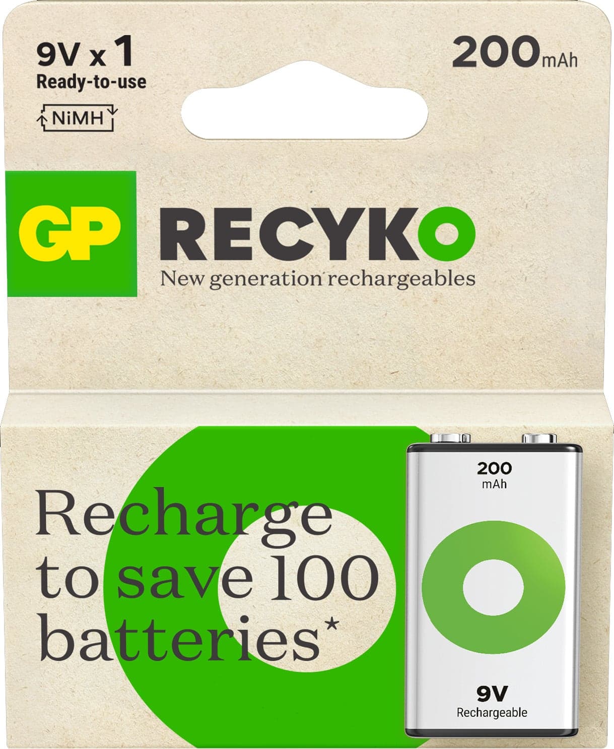 Blister 1 Batteria Ricaricabile 9V 200 mAh GP ReCyko - GP Batteries IC-GP201251