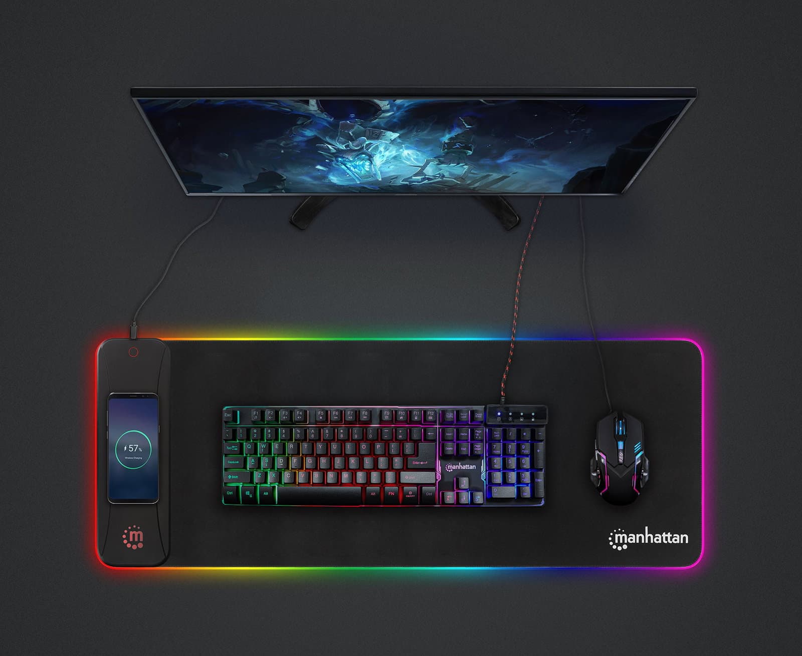 Tappetino Mouse Gaming XXL con LED RGB e Caricatore Wireless 10W - Manhattan ICA-MP GAMEXL-WR