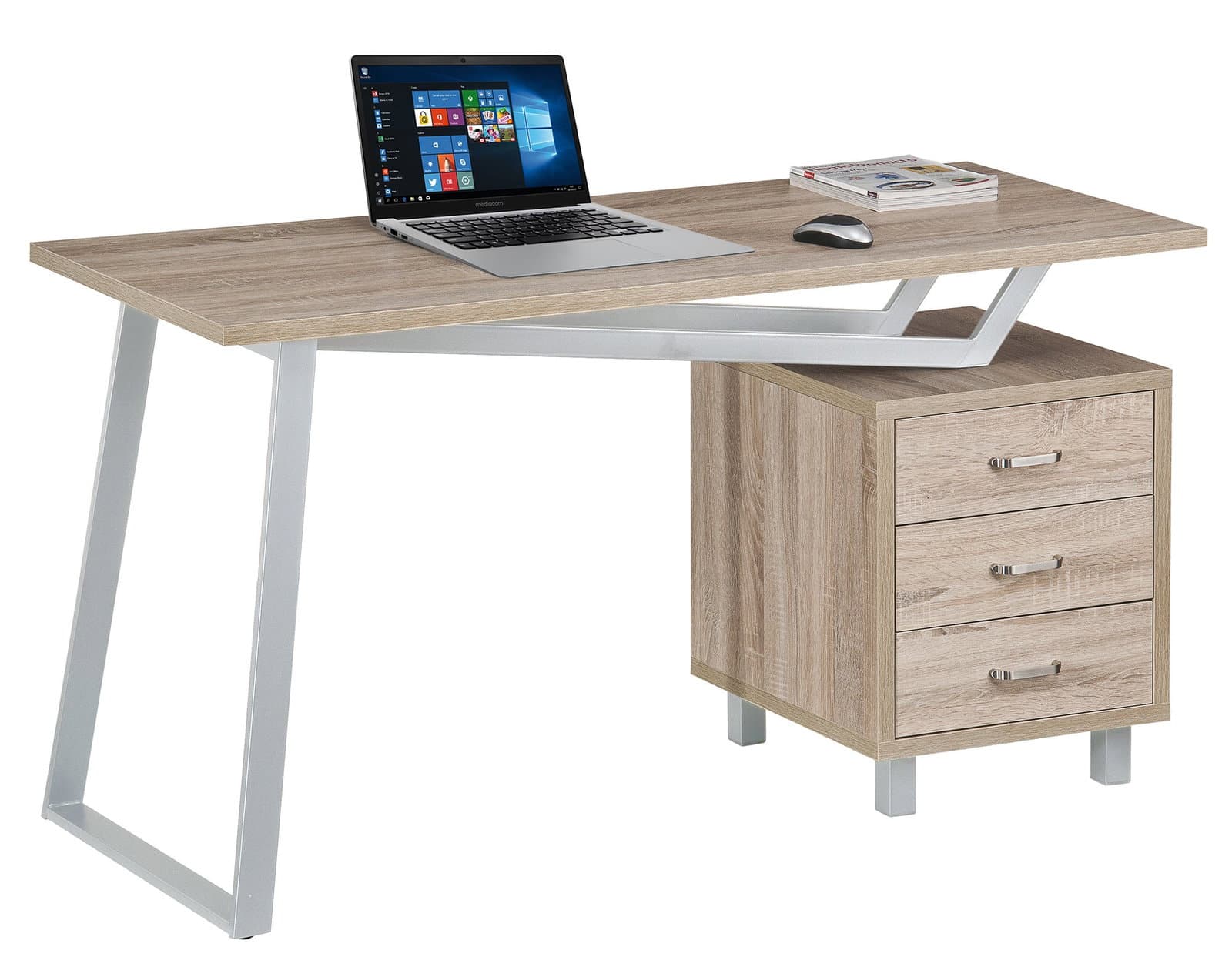 Scrivania per computer con tre cassetti, area 1400x600 mm, finitura bianco/quercia - Techly ICA-TB 3533O