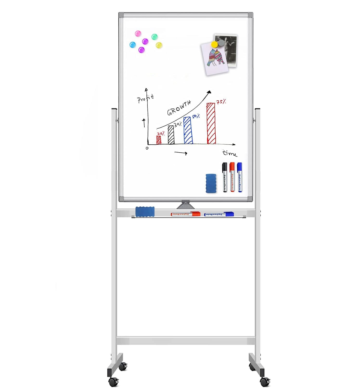 Lavagna Magnetica Bifacciale 60x100 cm con Ruote e Mensola per Pennarelli con Ganci Portablocco - Techly ICA-WH 60100W