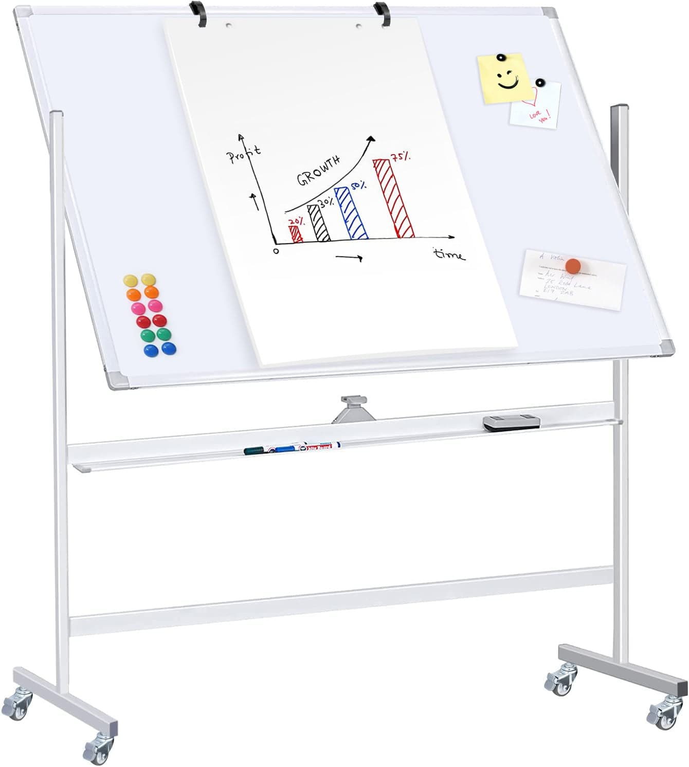 Lavagna Magnetica Bifacciale 90x120 cm con Ruote e Mensola - Techly ICA-WH 90120W