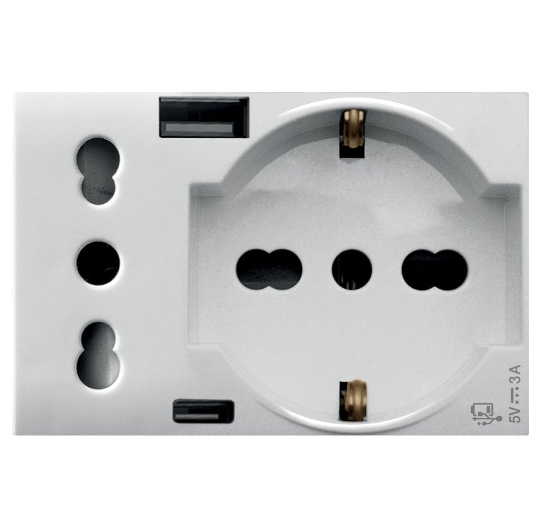 Presa Schuko + Presa Italiana + USB-A e USB-C 2P+T 10/16A 250V 3 Moduli Bianco Opaco - AVE ICV-44609015USB