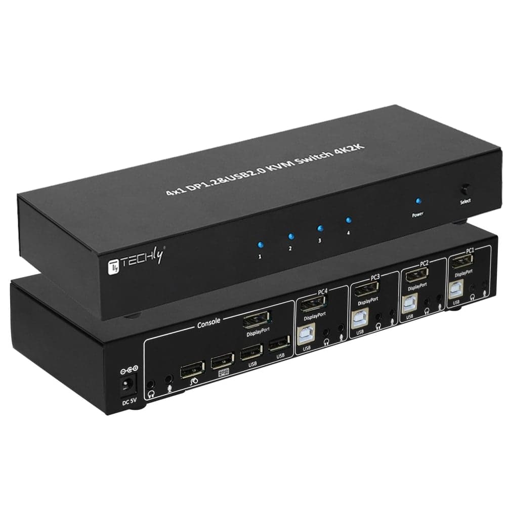 Switch KVM DisplayPort 1.2 e USB 2.0 4 porte con hub e audio - Techly IDATA DP-KVM4