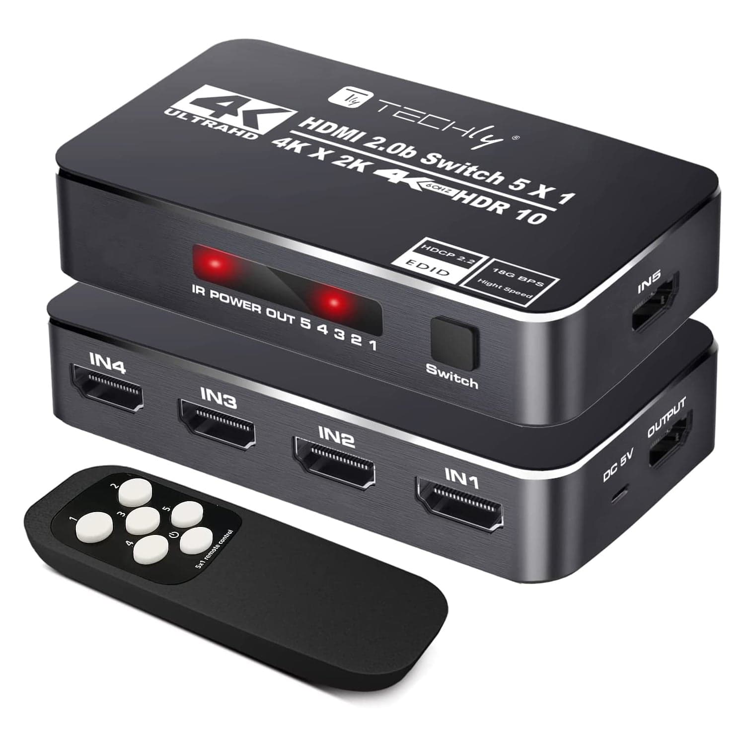 Switch HDMI 2.0b 5 Ingressi 1 Uscita 4K HDR HDCP2.2 con Telecomando - Techly IDATA HDMI2-4K5160B