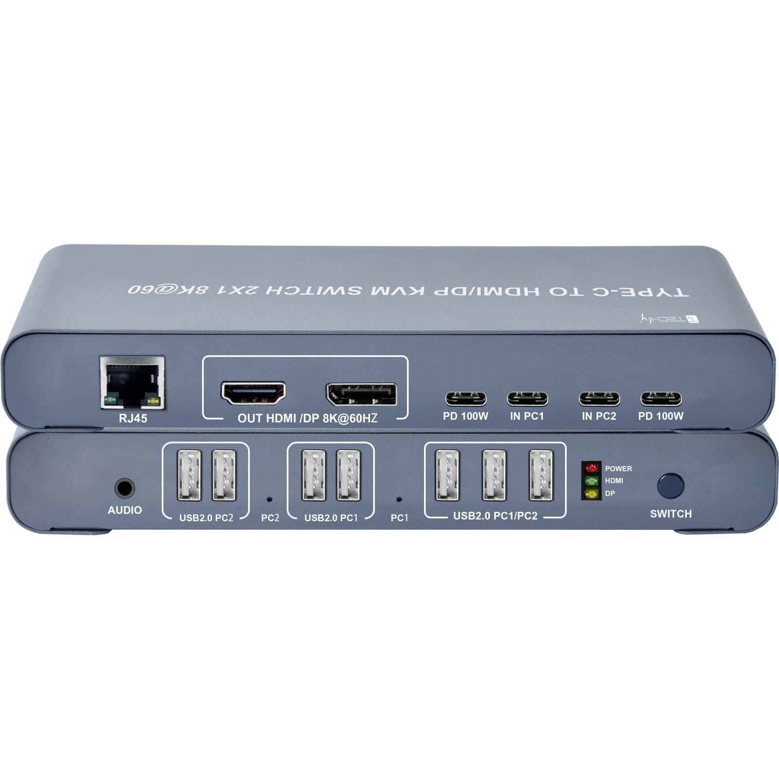 KVM Switch 2x1 USB 2.0 Tipo C a HDMI/DP 8K@60Hz PD100W Nero - Techly IDATA KVM-C2HDP8K