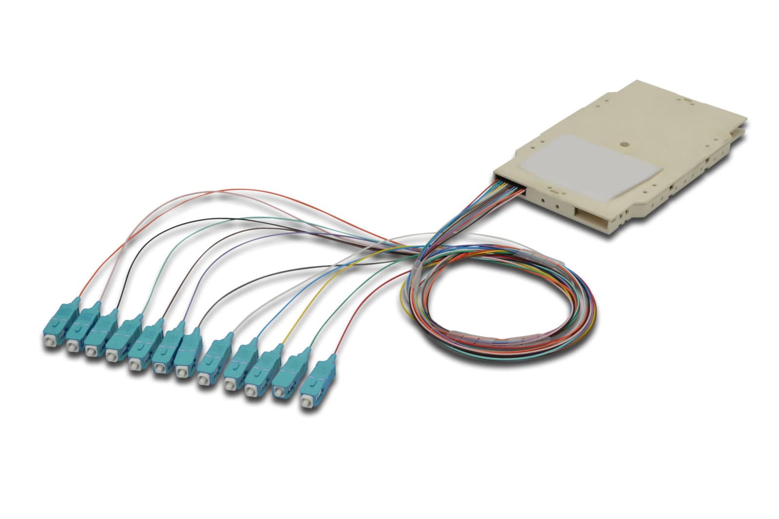 Cassetta di giunzione attrezzata con 12 pigtail fibra multimodale OM3 SC 50/125 2m - OEM ILWL PG-SC-OM3-SPC