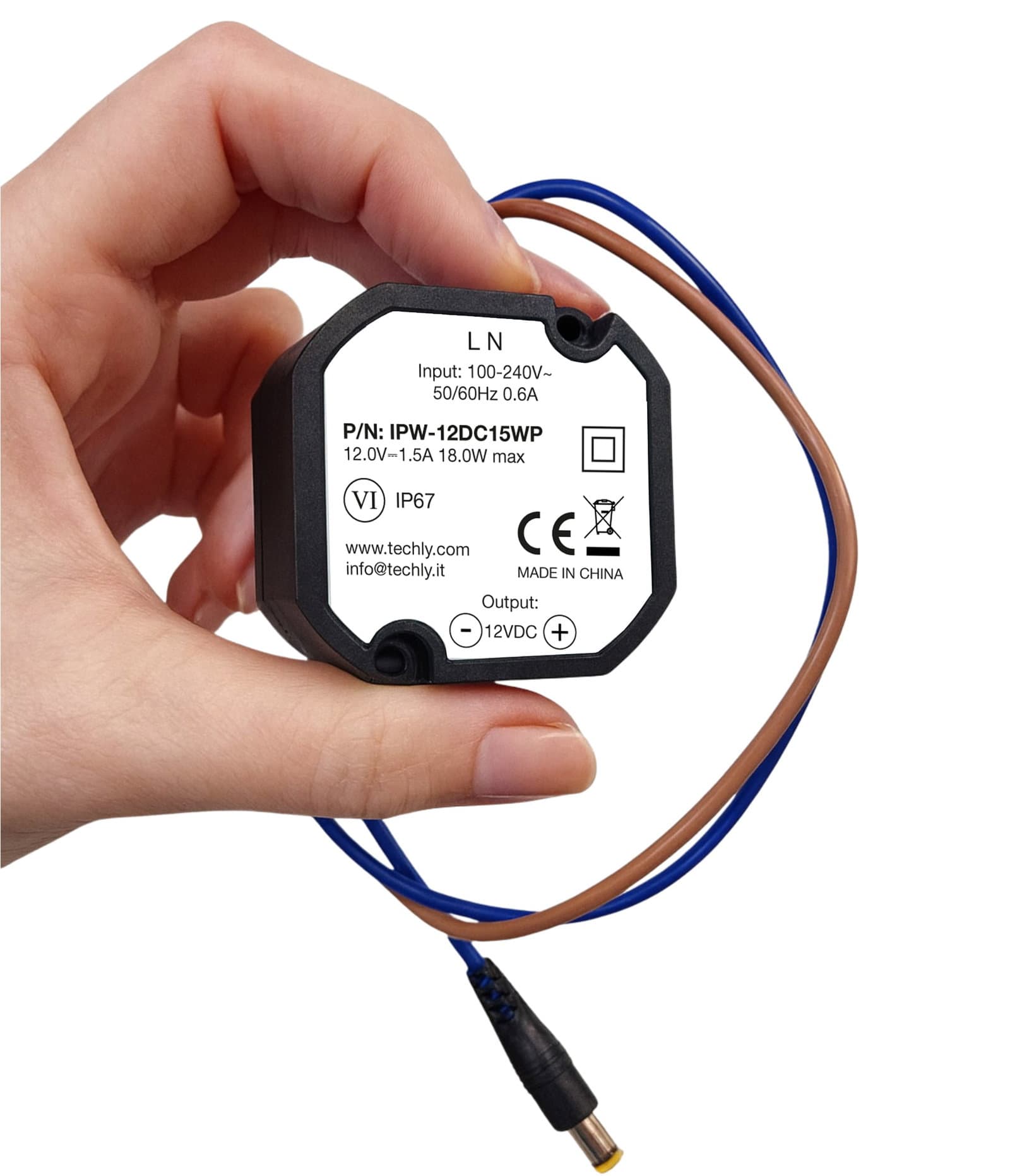 Alimentatore Impermeabile IP67 12V 1.5A 18W Plug 5.5x2.1mm Nero - Techly IPW-12DC15WP