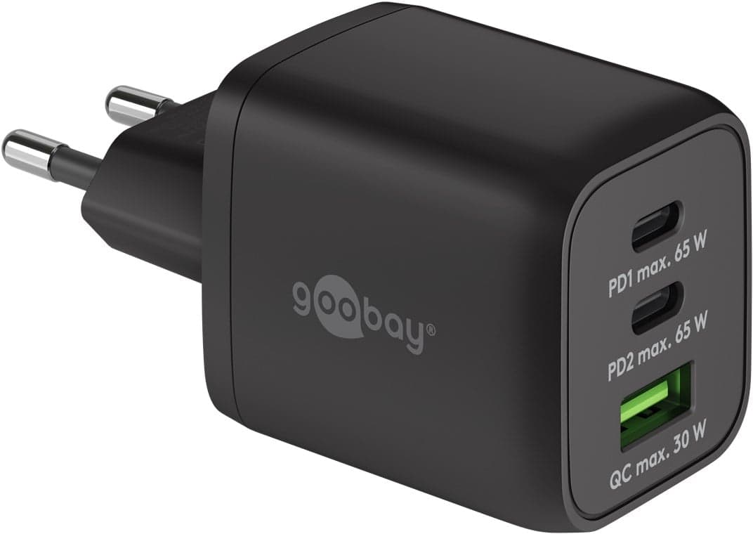 Nano Caricatore GaN 65W 2xUSB-C PD + USB-A QC da Muro Nero - Goobay IPW-USB-65W2C1ANB