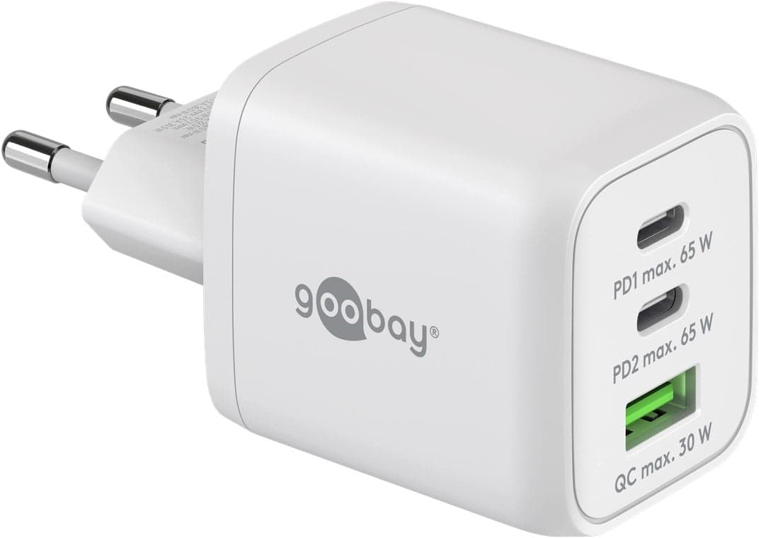 Nano Caricatore GaN 65W 2xUSB-C PD + USB-A QC da Muro Bianco - Goobay IPW-USB-65W2C1ANW