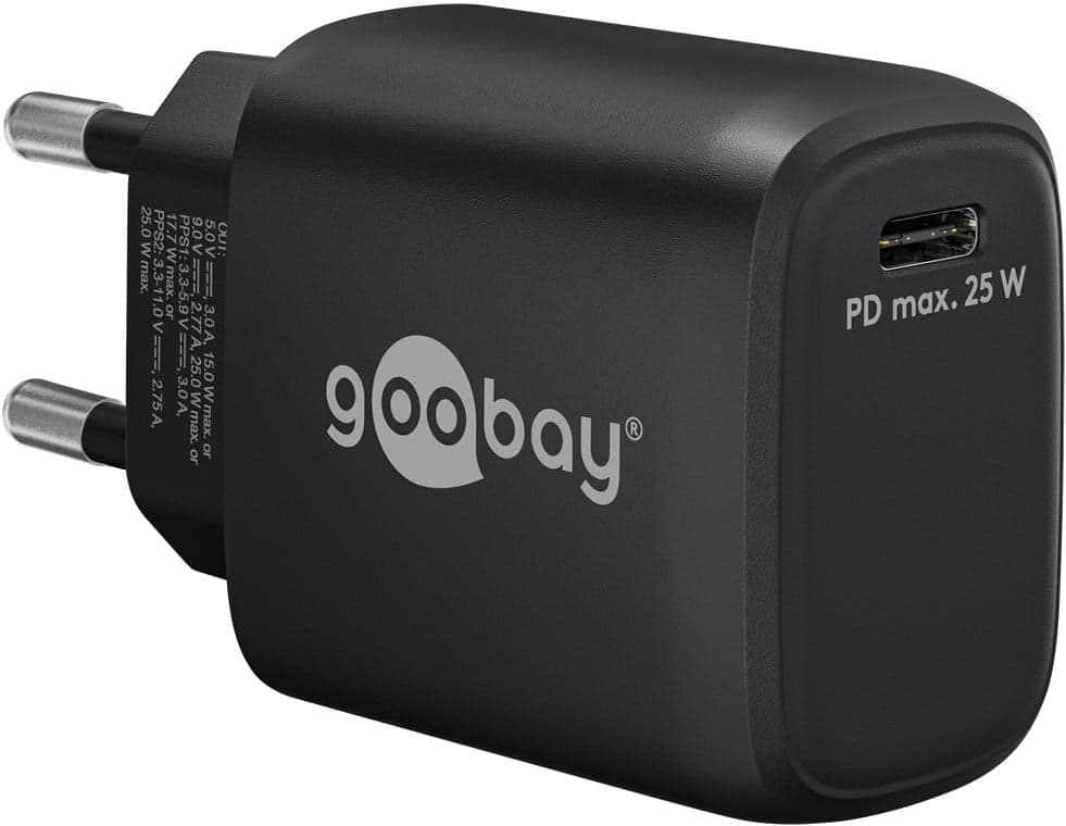 Caricatore GaN USB-C PD 25W da Muro Nero - Goobay IPW-USB-G25BK