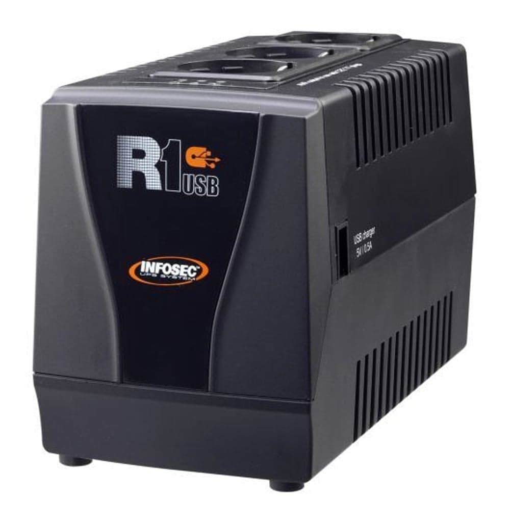 Regolatore automatico di tensione R1 USB 1000VA 3 Prese Schuko Nero - Infosec IUPS-AVR-1000