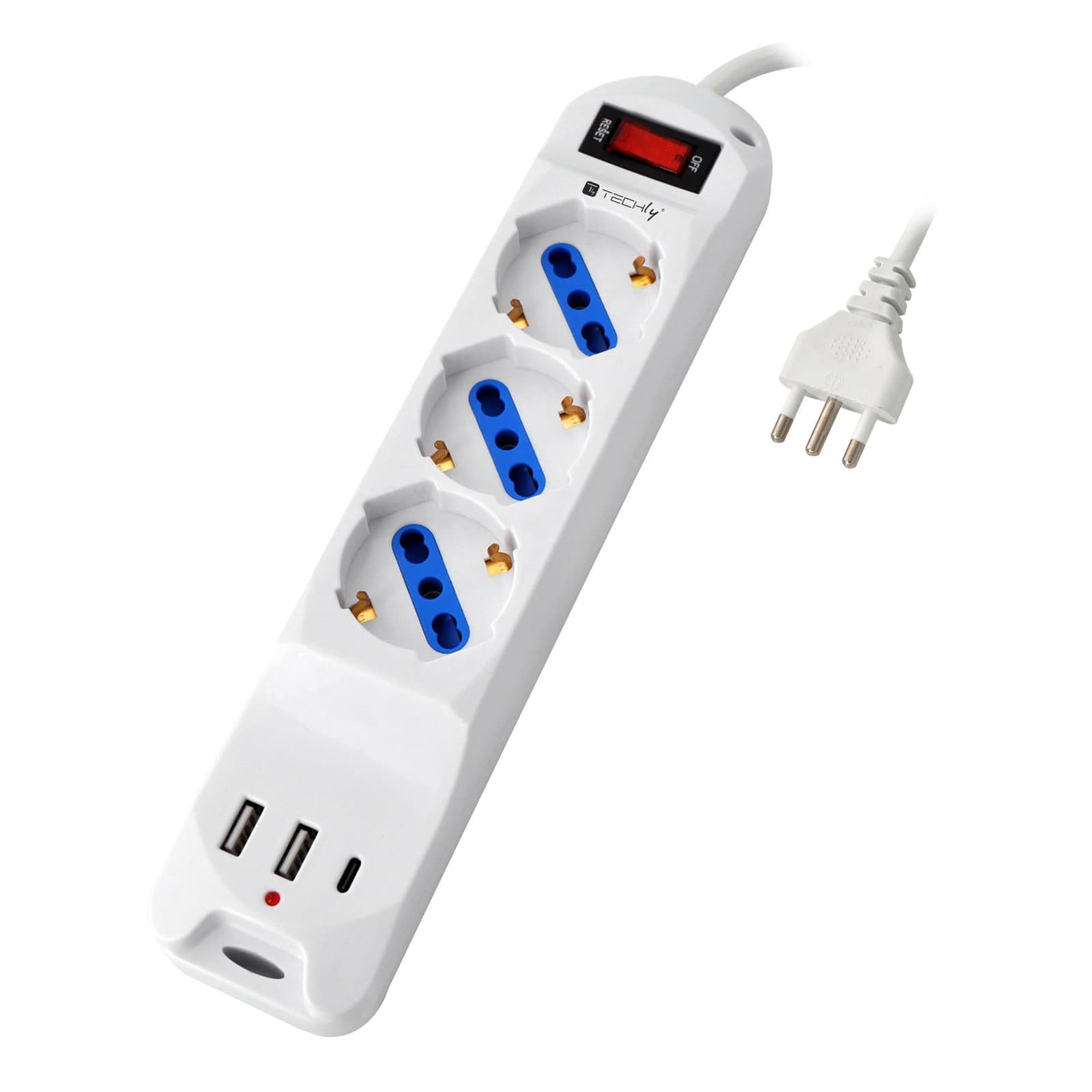Multipresa 3 Posti Bipasso/Schuko con 3 Porte USB-A/C Bianca - Techly IUPS-PCP-3S3USB