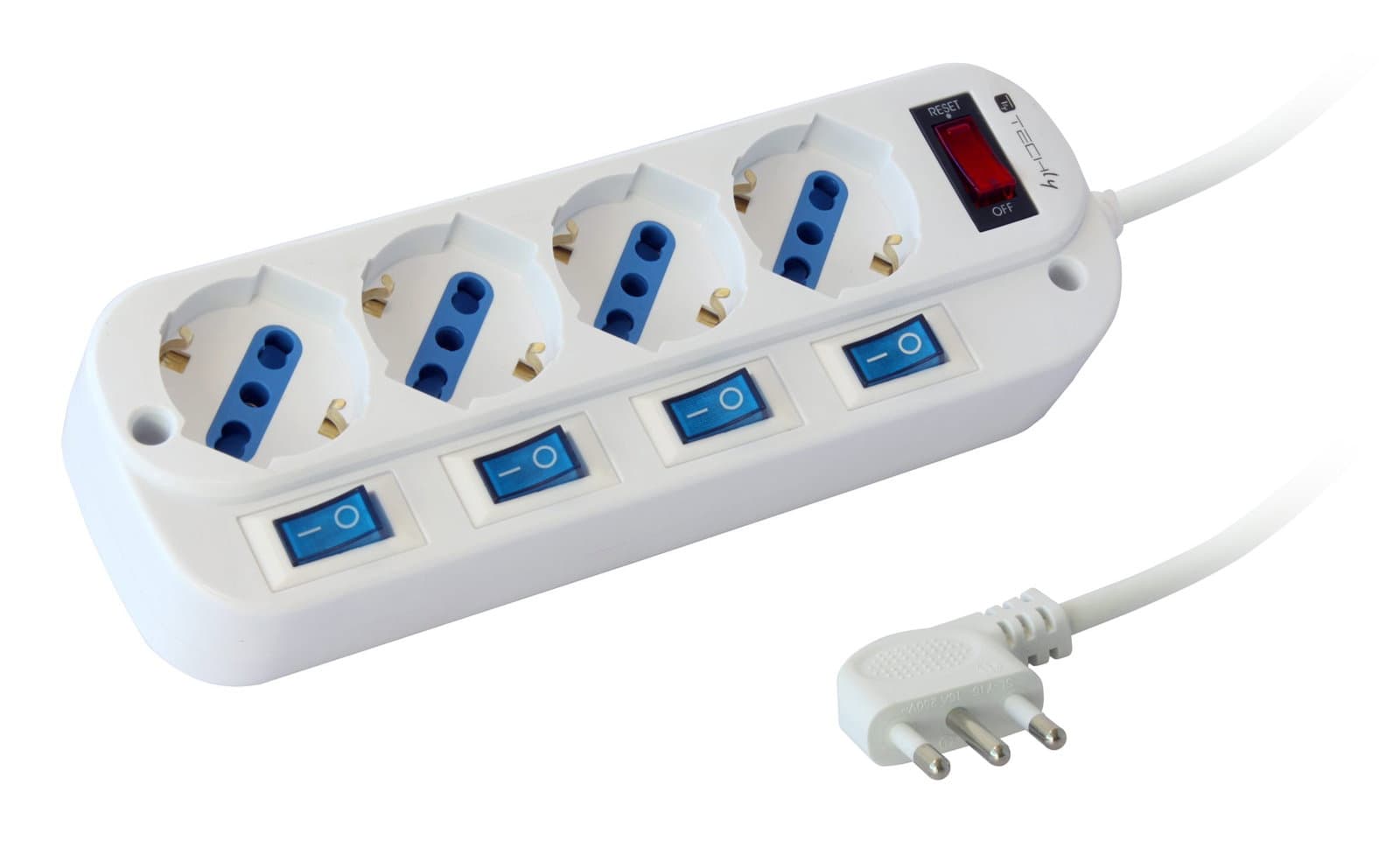 Multipresa 4 Posti Bipasso con Interruttori Indipendenti e Protezione Sovraccarico - Techly IUPS-PCP-4I-OP