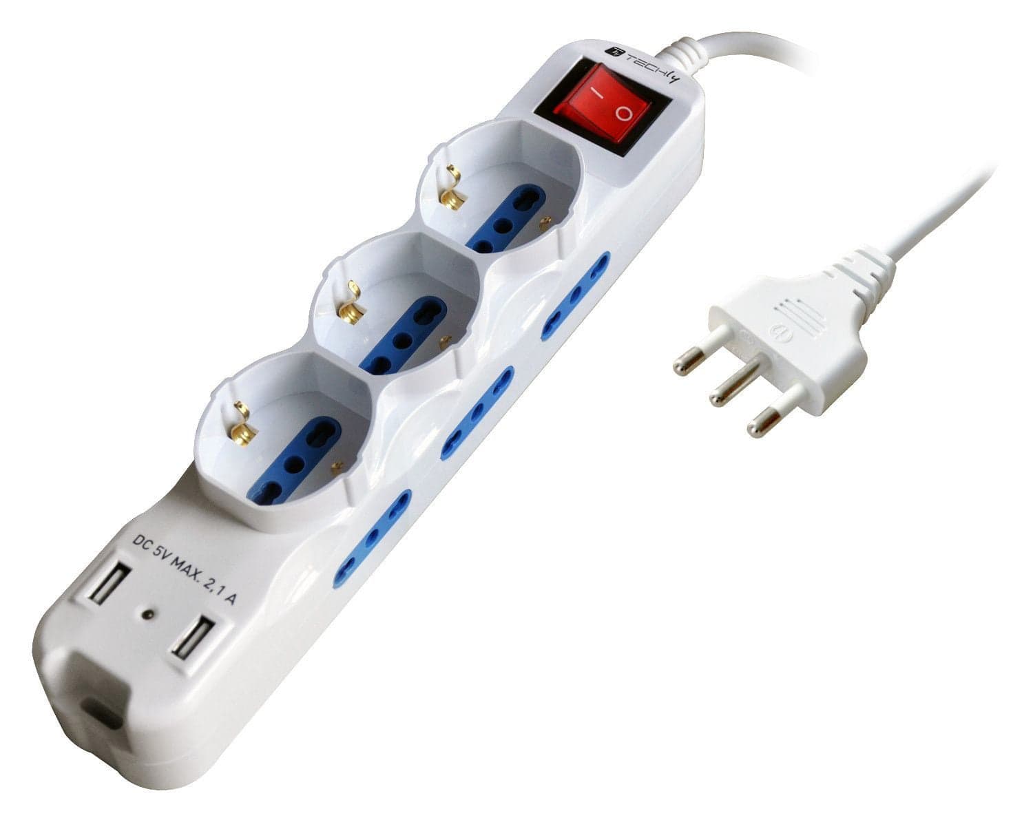 Multipresa 6 Posti Italiana Bipasso con 2 Prese USB Bianca - Techly IUPS-PCP-6I3SU