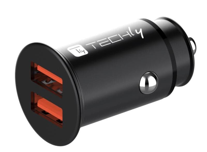 Mini Caricatore da Auto 2 Porte USB-A Ricarica Veloce 36W Metallo Nero - Techly IUSB2-CAR5-AA36W