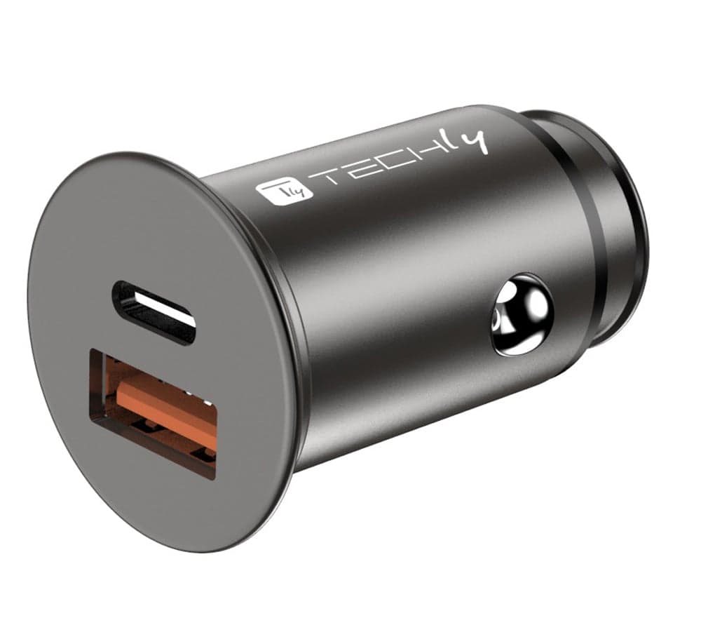 Mini Caricatore da Auto USB-A e USB-C Ricarica Rapida 38W Metallo Nero - Techly IUSB2-CAR5-AC38W