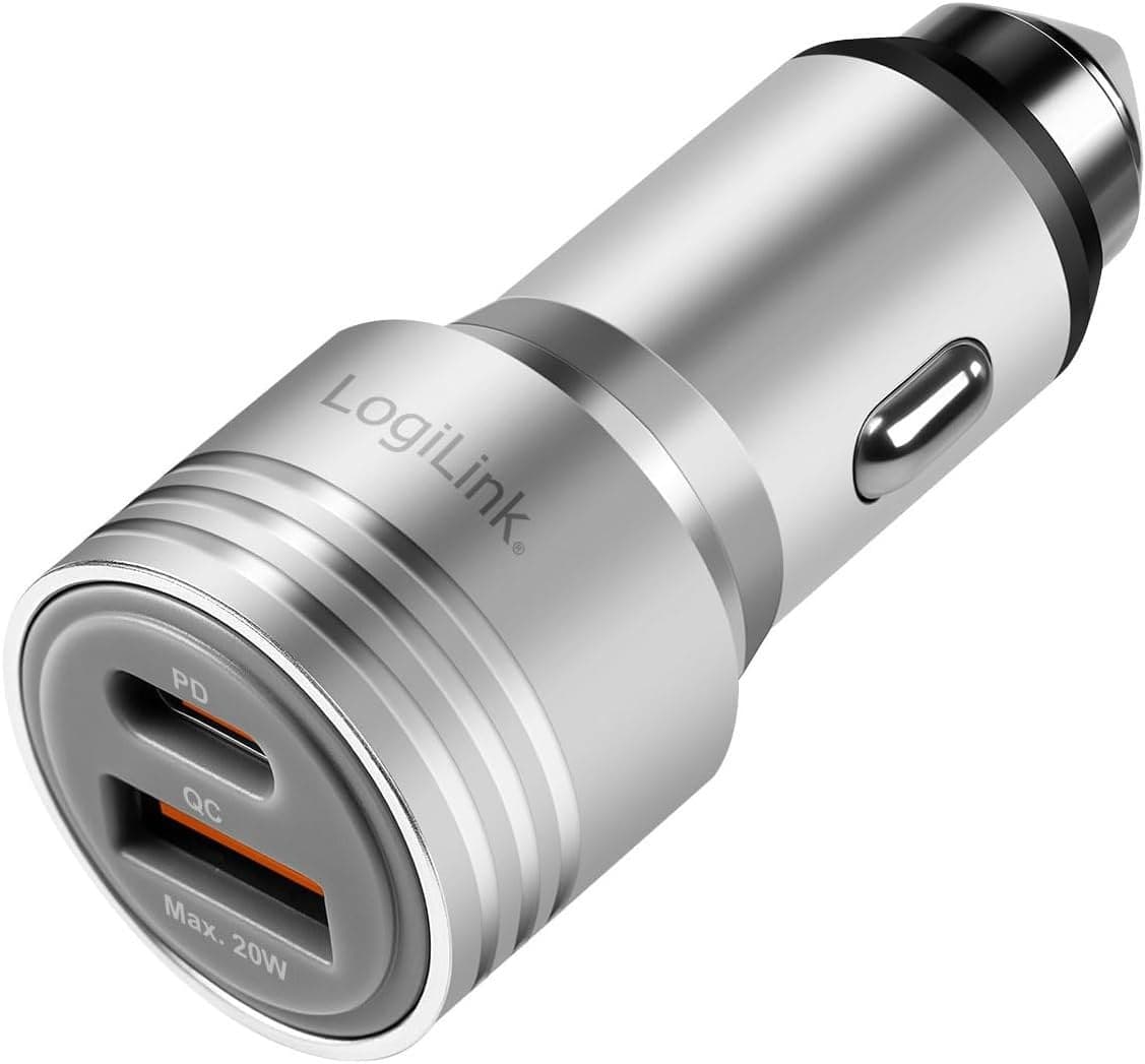 Caricabatteria Auto Doppia USB 20W USB-A QC USB-C PD Argento - Logilink IUSB3-CAR-2P20W