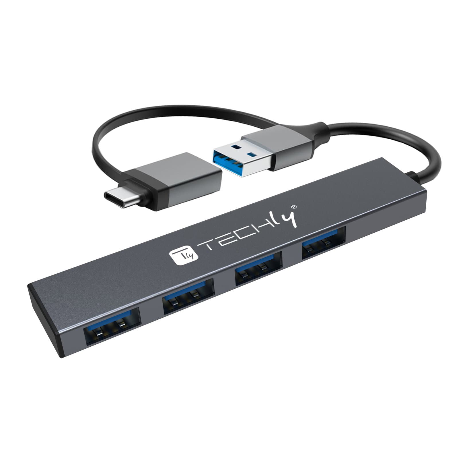 Hub USB-A USB-C 3.2 a 4 porte USB-A Slim in Metallo - Techly IUSB32-HUB4AC-4U3SL