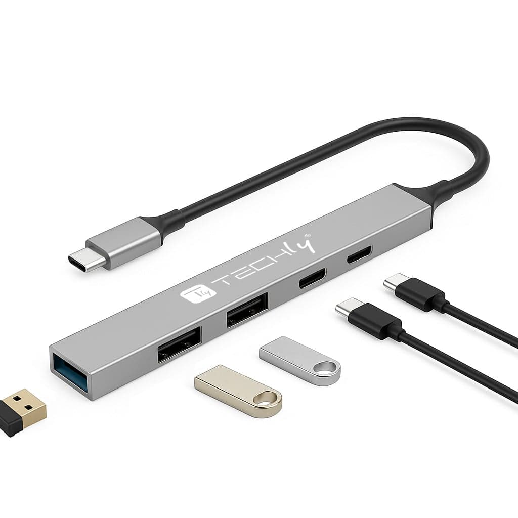 Hub USB 3.2 a 5 Porte USB-A/USB-C Slim in Metallo - Techly IUSB32-HUB5C-3U2PDSL