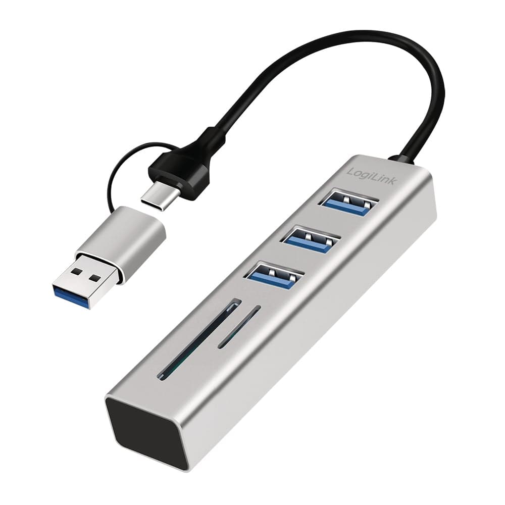 Hub USB 3.2 3 Porte USB-A e Lettore SD/microSD Alluminio Silver - Logilink IUSB32AC-HUB-3ACR